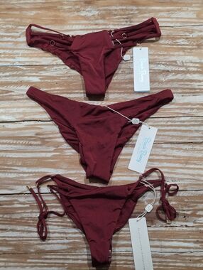 3 New Beach Bunny Burgundy Maroon Scrunchy Butt Skimpy Bikini Bottoms L